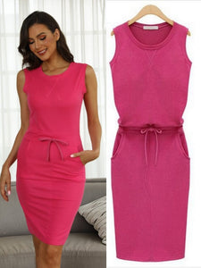 Cap Point Rose Red / S Katherine Ladies Casual Sleeveless Pockets with Belt Pencil Mini Dress