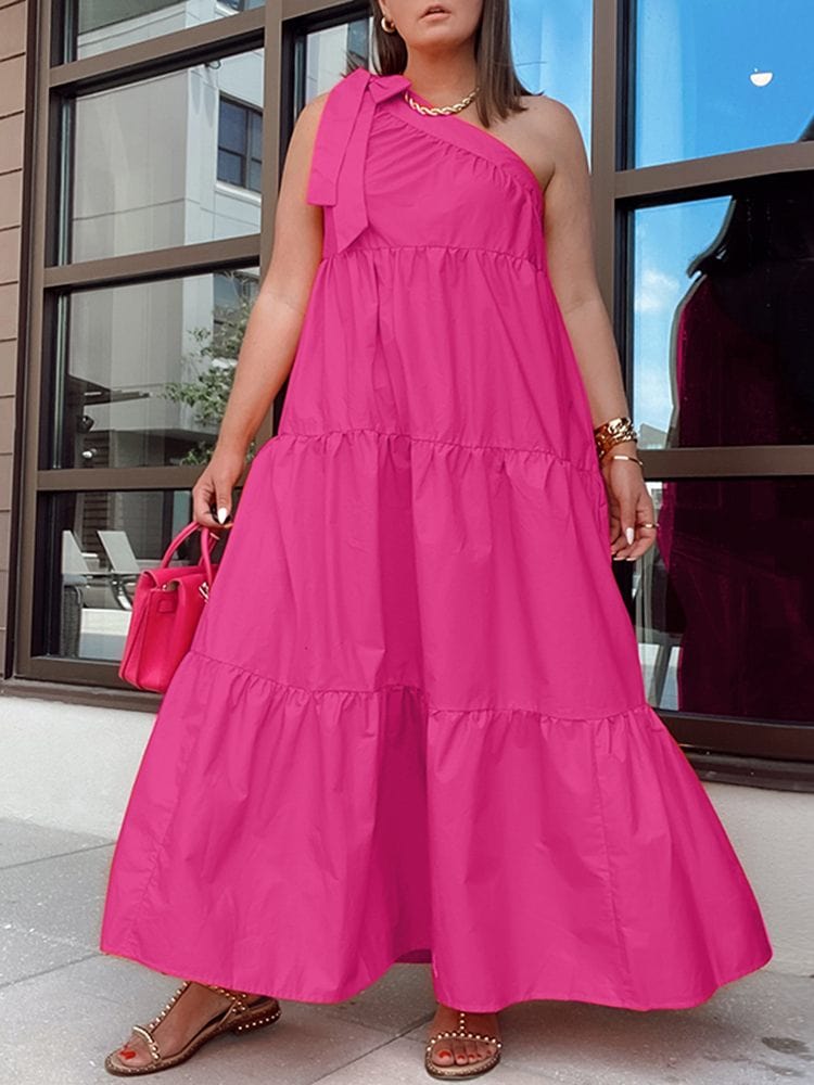 Cap Point Rose Red / S Oleya One Shoulder Pleated Party Maxi Dress