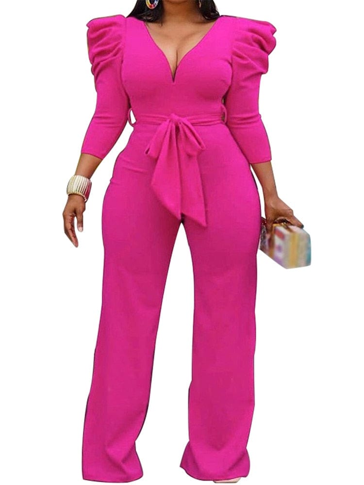 Cap Point Rose / S Janelle Vintage Puff Sleeve Long Wide Leg Deep V NeckPlaysuits