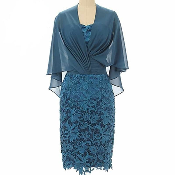 Cap Point Royal Blue / 6 Elegant Lace Cape Half Sleeve Knee Length Mother of The Bride Dress
