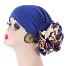 Load image into Gallery viewer, Cap Point Royal blue Barbara Multicolor Big Flower Design Turban Cap
