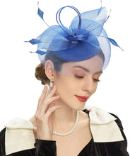 Load image into Gallery viewer, Cap Point Royal blue Mirva Feather Mesh Veil Headband Bridal Wedding Hat Fascinators
