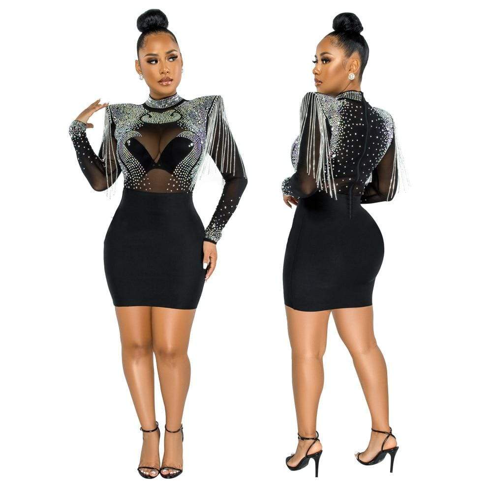 Cap Point S / black 1 Women's Solid High Collar Hot Drill Mesh Mini Dress