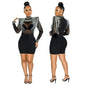 Cap Point S / black 1 Women's Solid High Collar Hot Drill Mesh Mini Dress