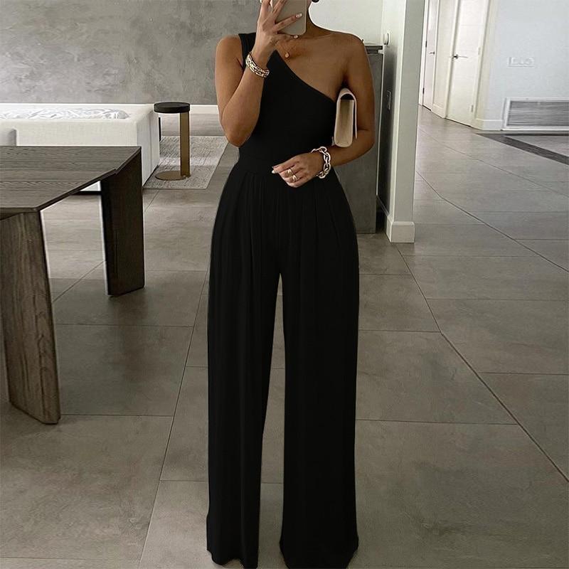 Cap Point S / Black Elegant  Wide Leg Sexy Off Shoulder Jumpsuit
