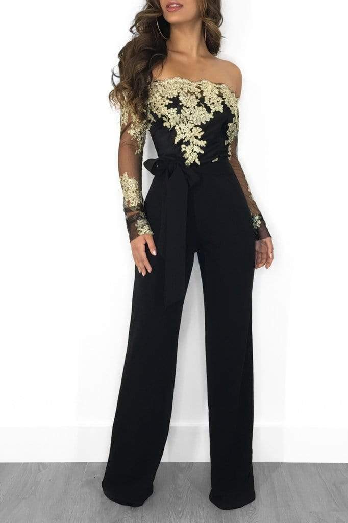 Cap Point S / Black Gold Sexy Off Shoulder Lace Jumpsuit
