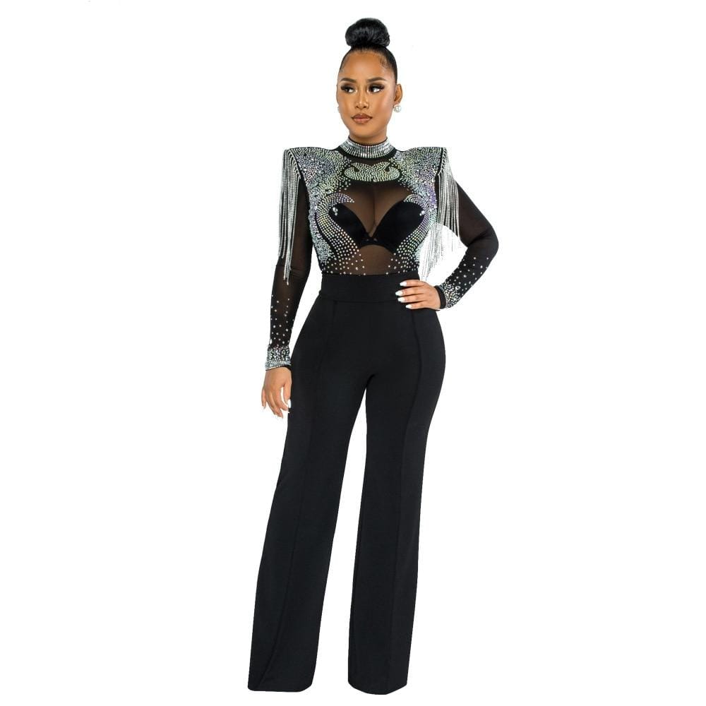 Cap Point S / black Women's Solid High Collar Hot Drill Mesh Mini Dress
