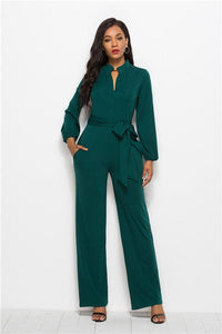 Cap Point S / Blackish Green Elegant Long Sleeve Waist Belt Wide-leg Jumpsuit With Pocket