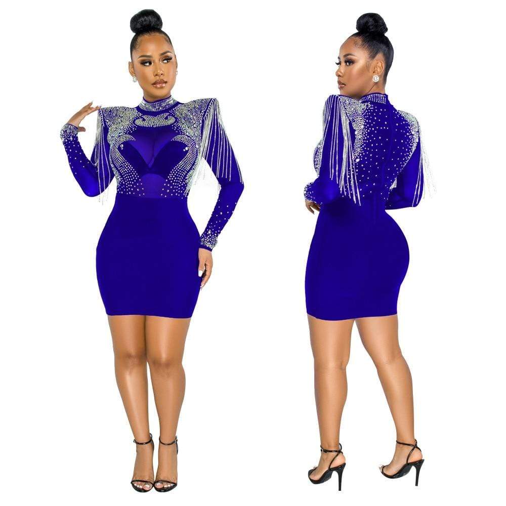 Cap Point S / blue 1 Women's Solid High Collar Hot Drill Mesh Mini Dress
