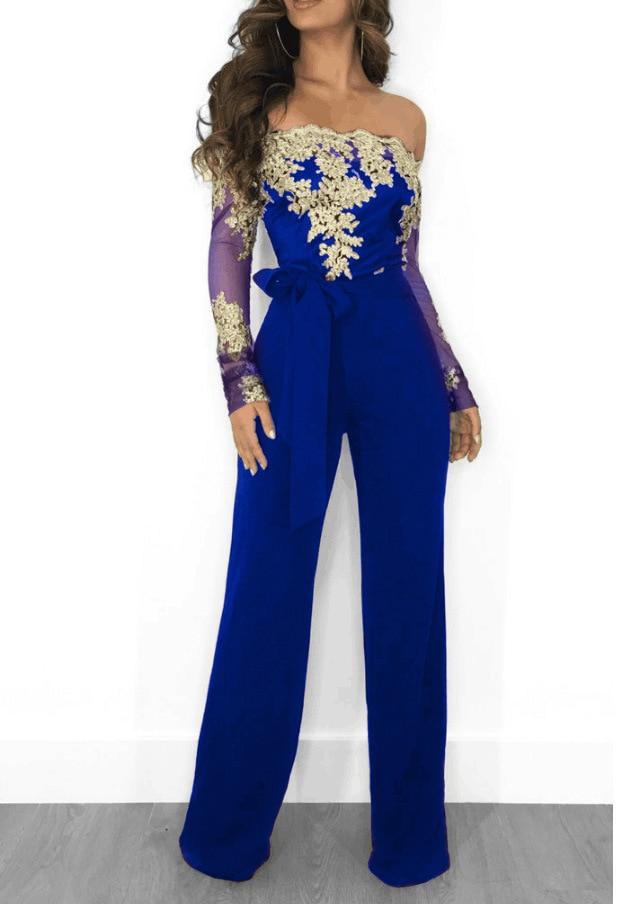 Cap Point S / Blue Gold Sexy Off Shoulder Lace Jumpsuit