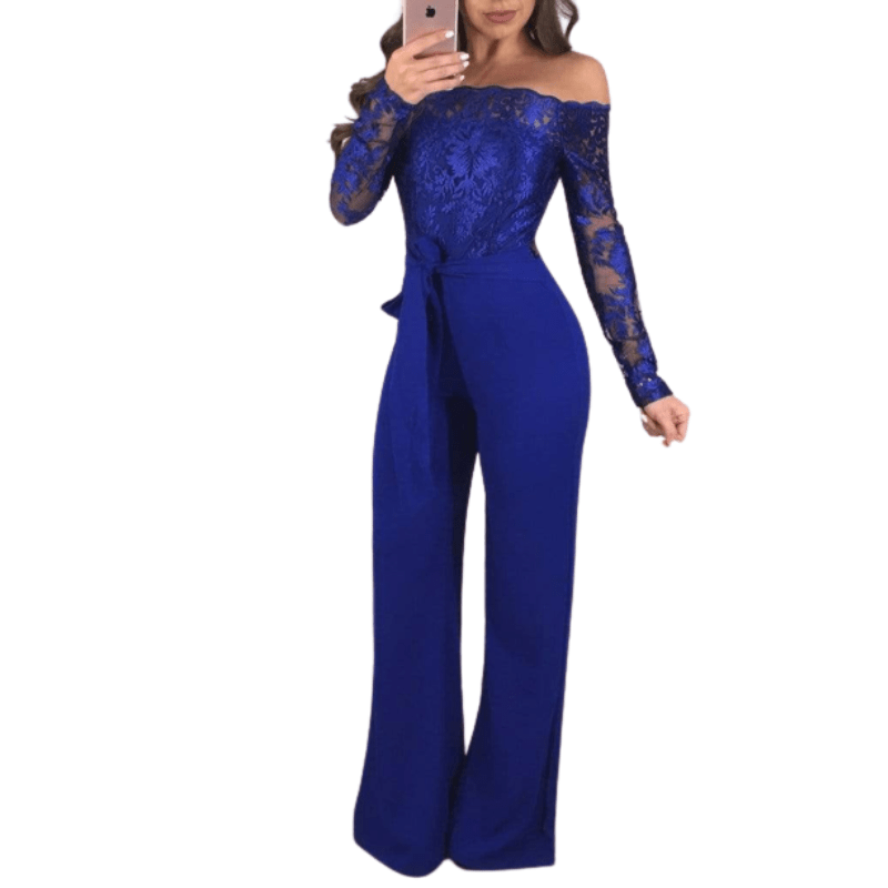 Cap Point S / Blue Sexy Off Shoulder Lace Jumpsuit