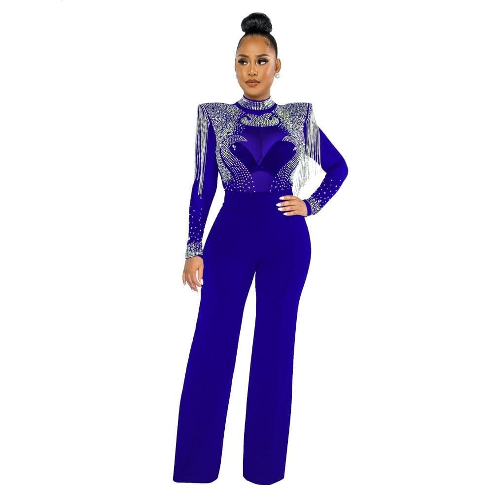 Cap Point S / blue Women's Solid High Collar Hot Drill Mesh Shoulder  Jumpsuit