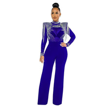 Load image into Gallery viewer, Cap Point S / blue Women&#39;s Solid High Collar Hot Drill Mesh Shoulder  Jumpsuit
