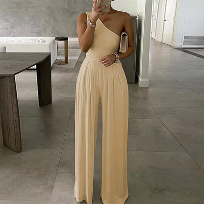 Cap Point S / Brown Elegant  Wide Leg Sexy Off Shoulder Jumpsuit