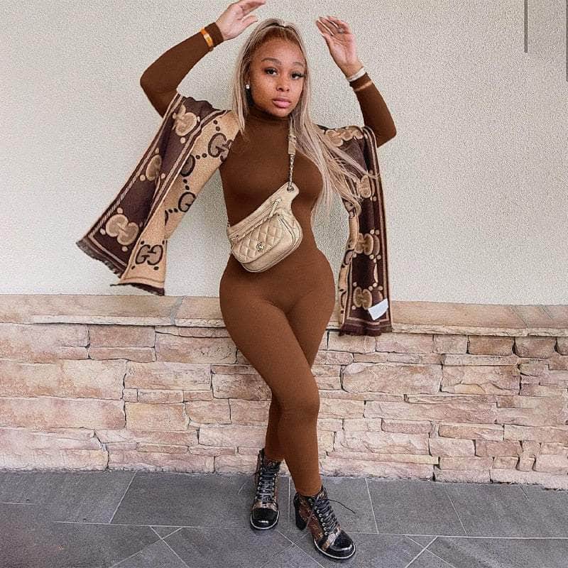 Cap Point S / brown Jeannette Tassel Splicing Long Sleeve PU Jumpsuit