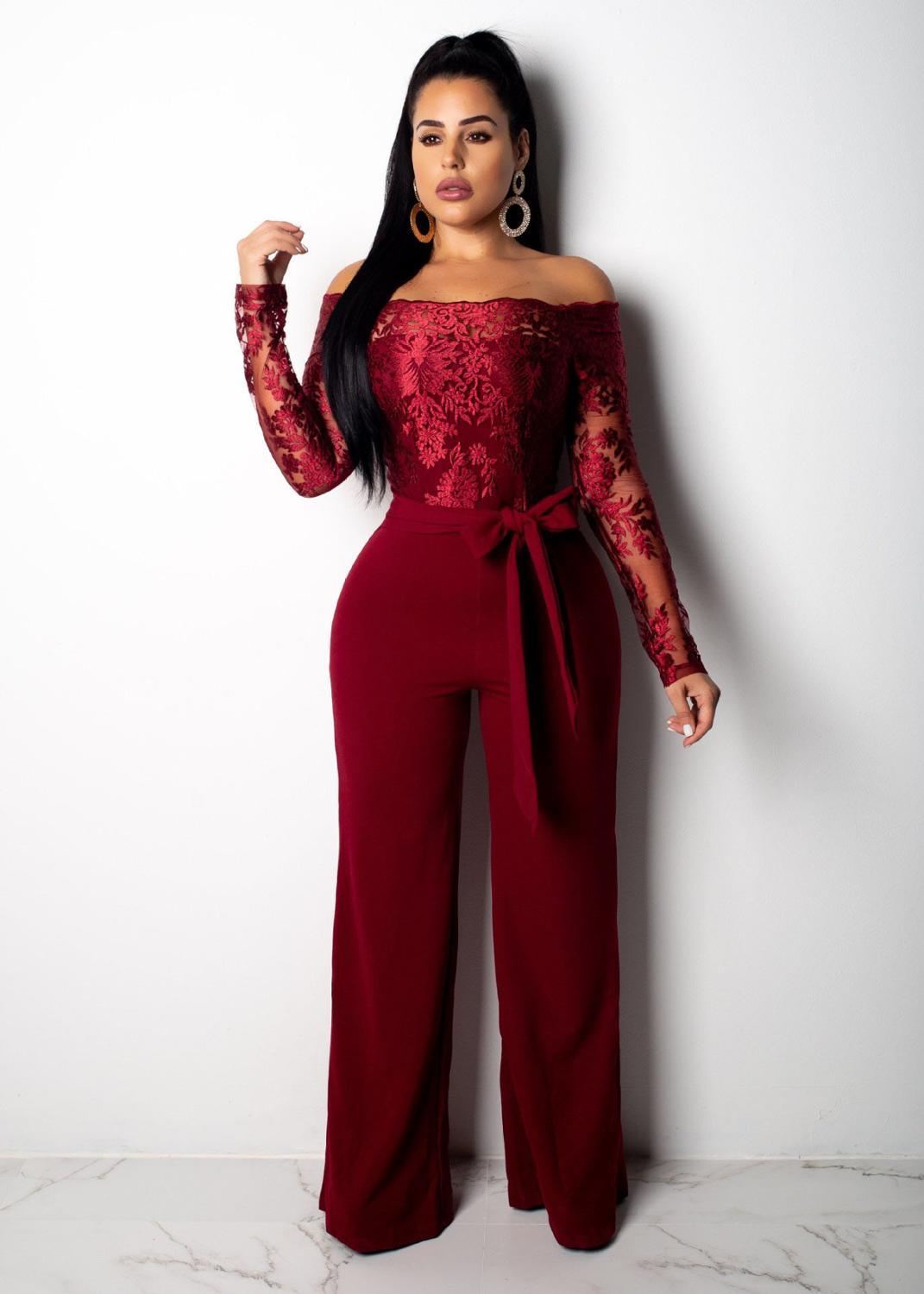 Cap Point S / Burgundy Sexy Off Shoulder Lace Jumpsuit