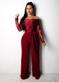 Cap Point S / Burgundy Sexy Off Shoulder Lace Jumpsuit