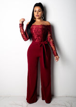 Load image into Gallery viewer, Cap Point S / Burgundy Sexy Off Shoulder Lace Jumpsuit
