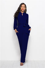 Load image into Gallery viewer, Cap Point S / Dark Blue Elegant Long Sleeve Waist Belt Wide-leg Jumpsuit With Pocket
