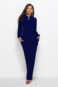 Cap Point S / Dark Blue Elegant Long Sleeve Waist Belt Wide-leg Jumpsuit With Pocket