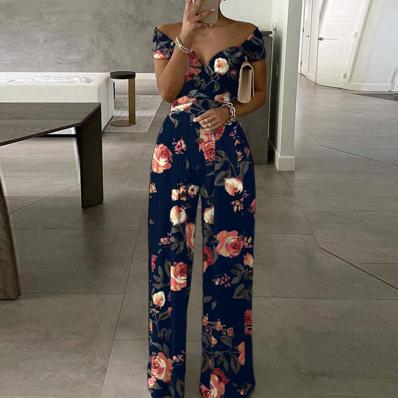 Cap Point S / Floral Dark Blue Elegant  Wide Leg Sexy Off Shoulder Jumpsuit