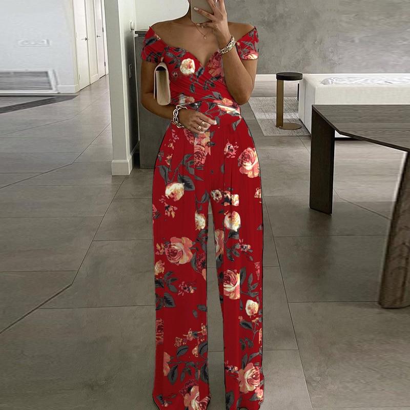 Cap Point S / Floral Red Elegant  Wide Leg Sexy Off Shoulder Jumpsuit