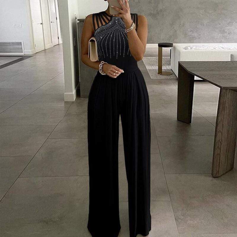 Cap Point S / Glitter Black Elegant  Wide Leg Sexy Off Shoulder Jumpsuit