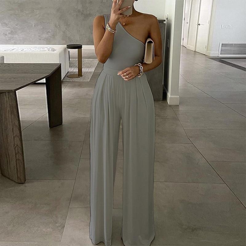 Cap Point S / Gray Elegant  Wide Leg Sexy Off Shoulder Jumpsuit