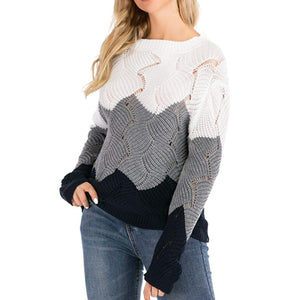 Cap Point S / Gray Solid Stitching Long Sleeve Round Neck Knitted Sweater