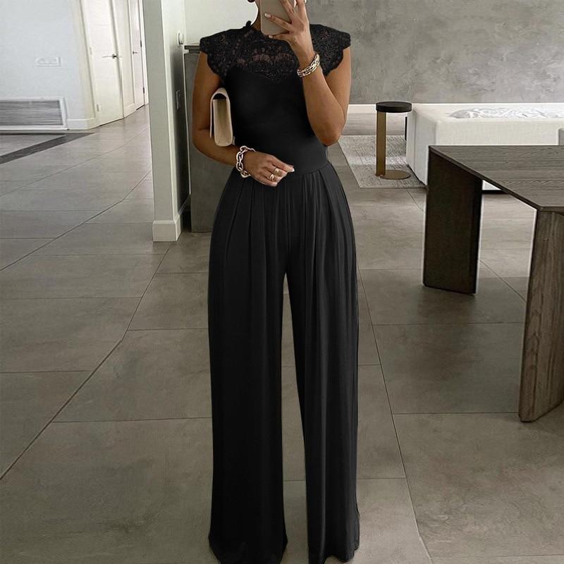 Cap Point S / Lace Black Elegant  Wide Leg Sexy Off Shoulder Jumpsuit