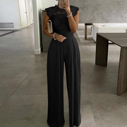Cap Point S / Lace Black Elegant  Wide Leg Sexy Off Shoulder Jumpsuit
