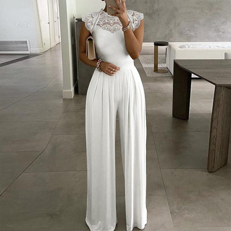 Cap Point S / Lace White Elegant  Wide Leg Sexy Off Shoulder Jumpsuit