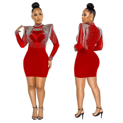 Cap Point S / red 1 Women's Solid High Collar Hot Drill Mesh Mini Dress