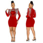 Cap Point S / red 1 Women's Solid High Collar Hot Drill Mesh Mini Dress