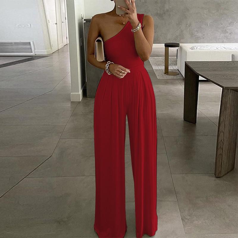 Cap Point S / Red Elegant  Wide Leg Sexy Off Shoulder Jumpsuit