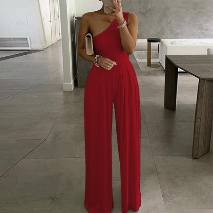 Cap Point S / Red Elegant  Wide Leg Sexy Off Shoulder Jumpsuit