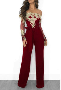 Cap Point S / Red Gold Sexy Off Shoulder Lace Jumpsuit