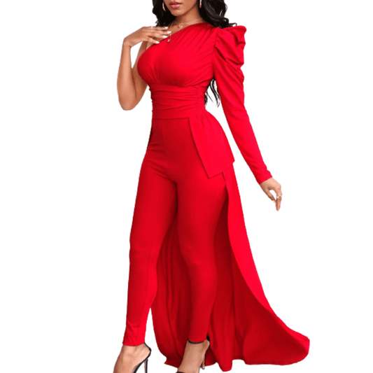 Cap Point S / Red Stephania Elegant One Shoulder Dip Hem Jumpsuit