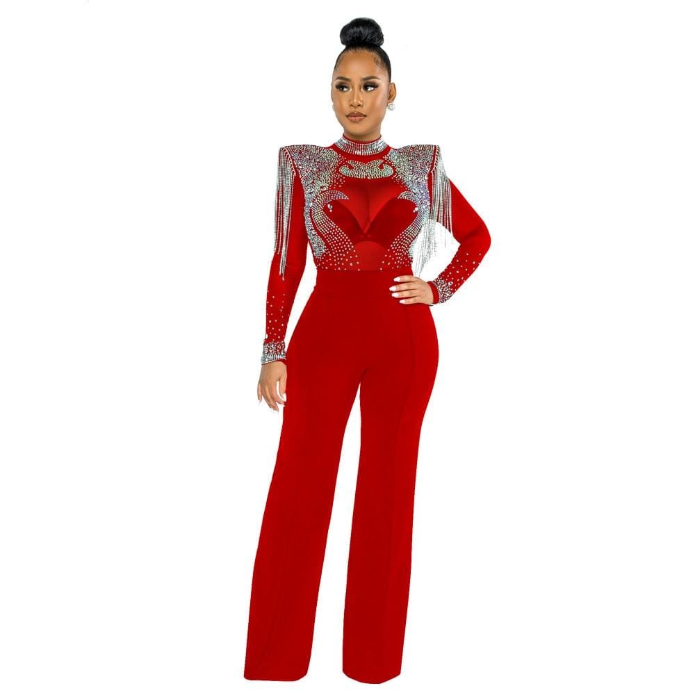 Cap Point S / red Women's Solid High Collar Hot Drill Mesh Mini Dress