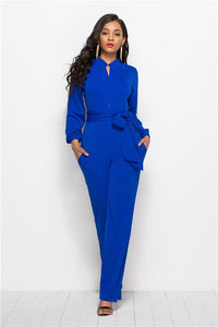 Cap Point S / Royal Blue Elegant Long Sleeve Waist Belt Wide-leg Jumpsuit With Pocket