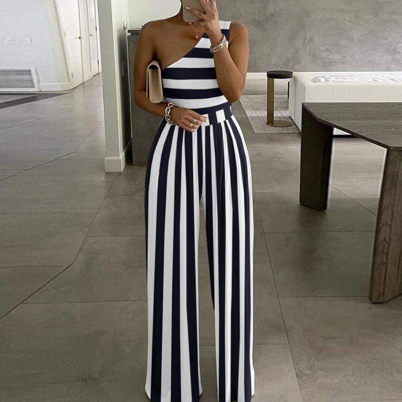 Cap Point S / Stripe Blue Elegant  Wide Leg Sexy Off Shoulder Jumpsuit