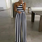 Cap Point S / Stripe Blue Elegant  Wide Leg Sexy Off Shoulder Jumpsuit