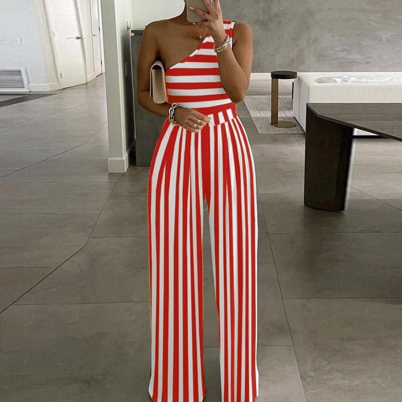 Cap Point S / Stripe Red Elegant  Wide Leg Sexy Off Shoulder Jumpsuit