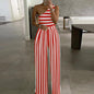 Cap Point S / Stripe Red Elegant  Wide Leg Sexy Off Shoulder Jumpsuit