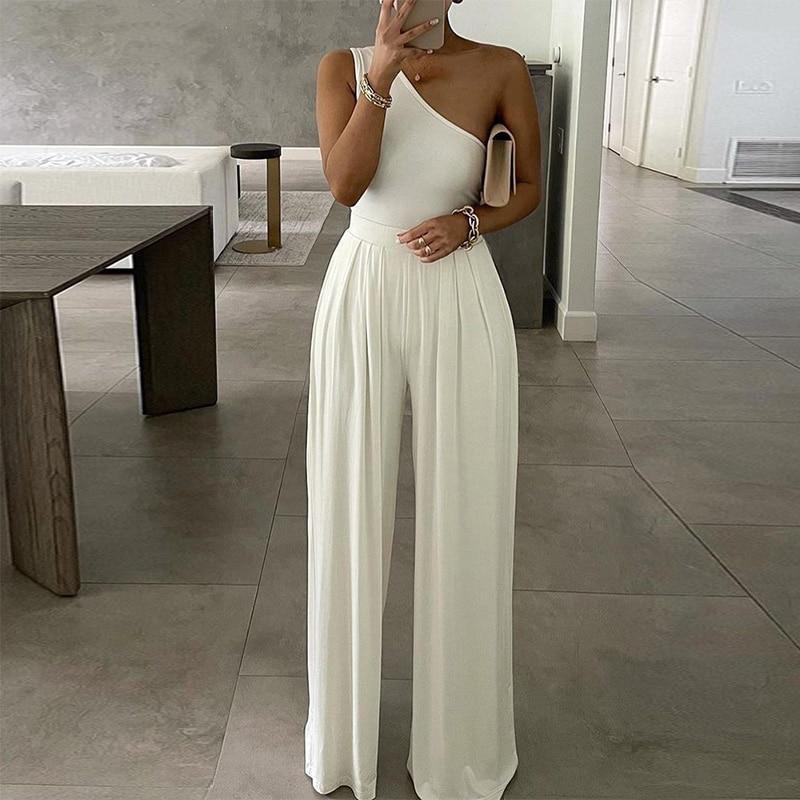 Cap Point S / White Elegant  Wide Leg Sexy Off Shoulder Jumpsuit