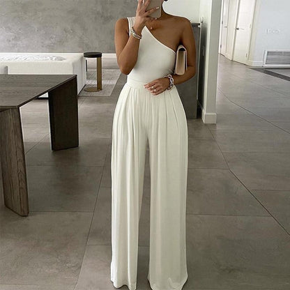 Cap Point S / White Elegant  Wide Leg Sexy Off Shoulder Jumpsuit