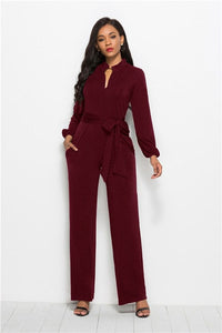 Cap Point S / Wine Red Elegant Long Sleeve Waist Belt Wide-leg Jumpsuit With Pocket