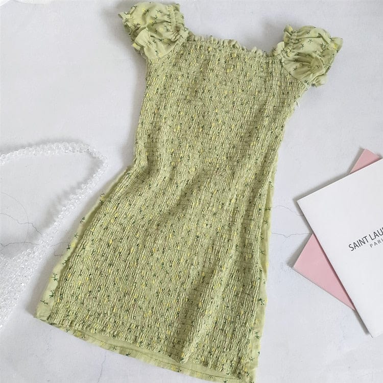 Cap Point Sage Green Cotton Floral Print Ruched Back Scoop Neck Mini Dress