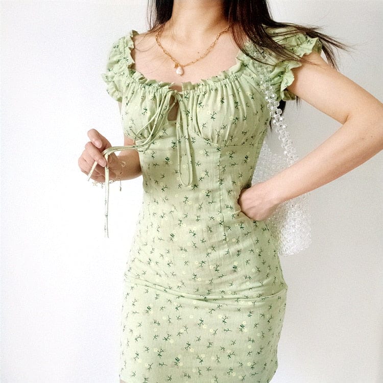 Cap Point Sage Green Cotton Floral Print Ruched Back Scoop Neck Mini Dress