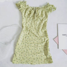 Load image into Gallery viewer, Cap Point Sage Green Cotton Floral Print Ruched Back Scoop Neck Mini Dress
